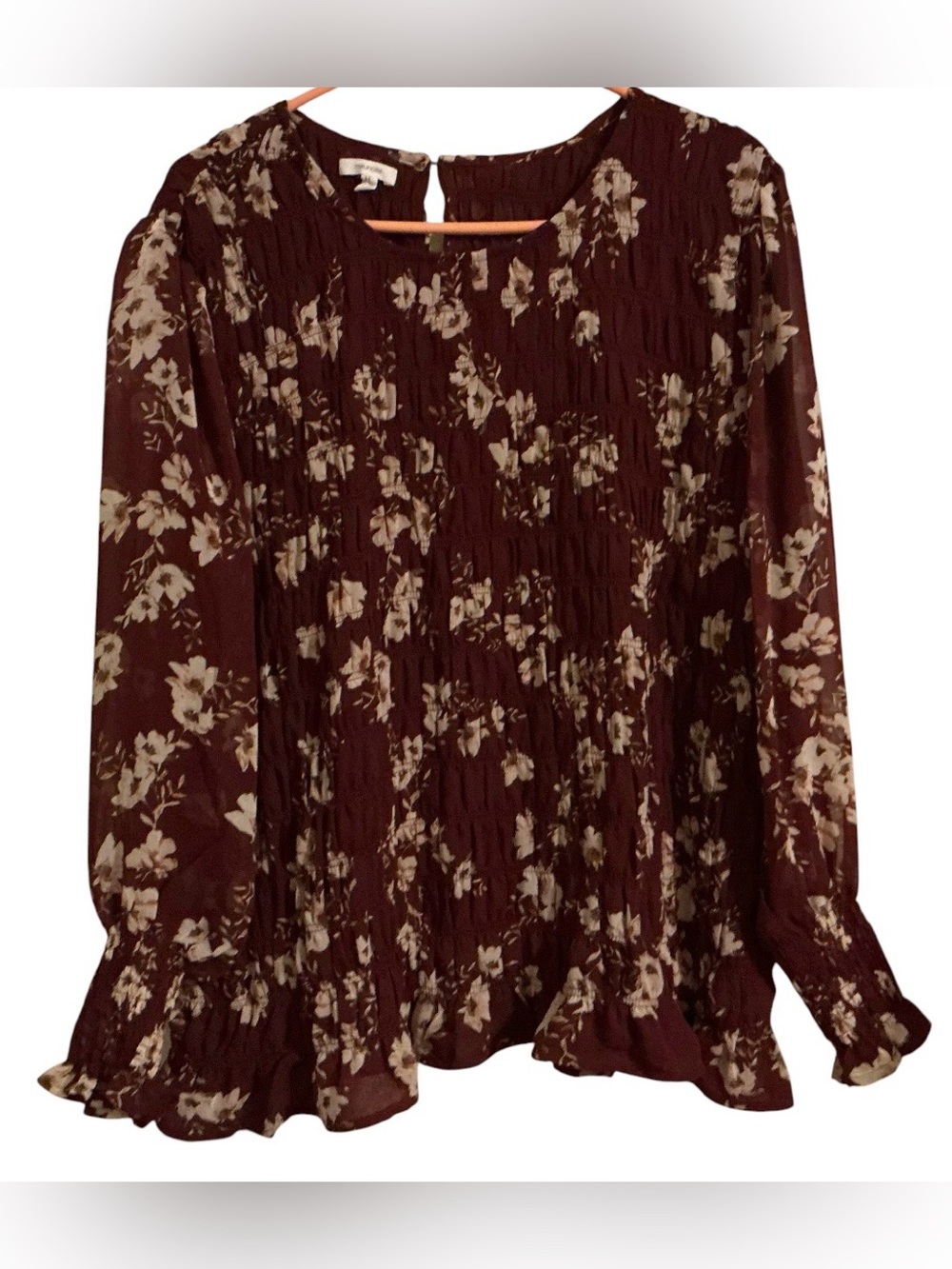 Maurices 2X Burgundy Floral Smocked Peasant Blouse Boho Cottagecore Ruffle